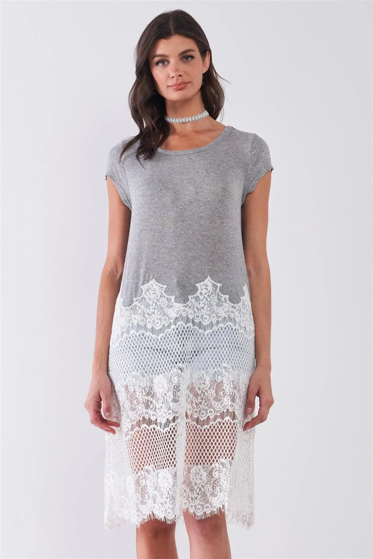 Heather Grey & White Sheer Crochet Mesh Combo Raw Hem Detail Tunic Midi Dress /1-2-2-1 - Tasha Apparel Wholesale