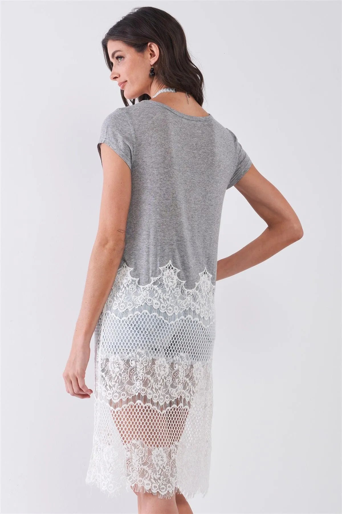 Heather Grey & White Sheer Crochet Mesh Combo Raw Hem Detail Tunic Midi Dress /1-2-2-1 - Tasha Apparel Wholesale