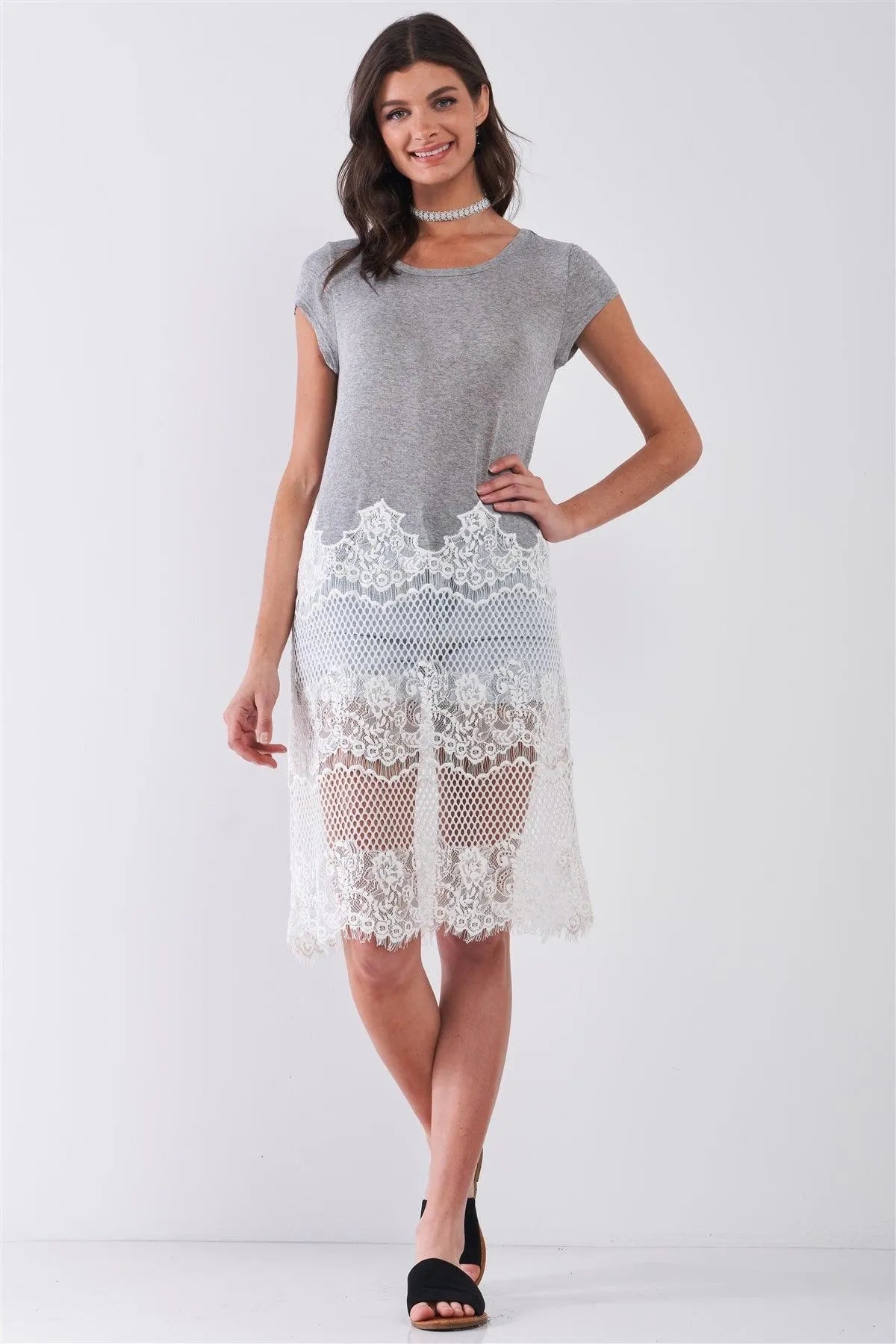 Heather Grey & White Sheer Crochet Mesh Combo Raw Hem Detail Tunic Midi Dress /1-2-2-1 - Tasha Apparel Wholesale