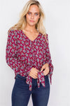 Burgundy High-Low Center Tie Scoop Neck Blouse /3-2-1 - Tasha Apparel Wholesale