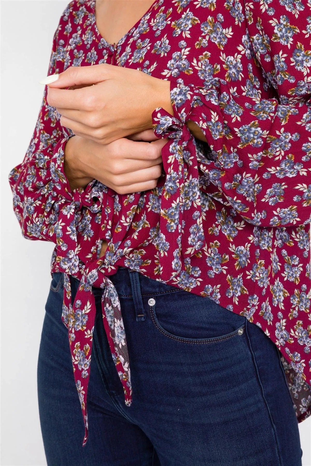 Burgundy High-Low Center Tie Scoop Neck Blouse /3-2-1 - Tasha Apparel Wholesale