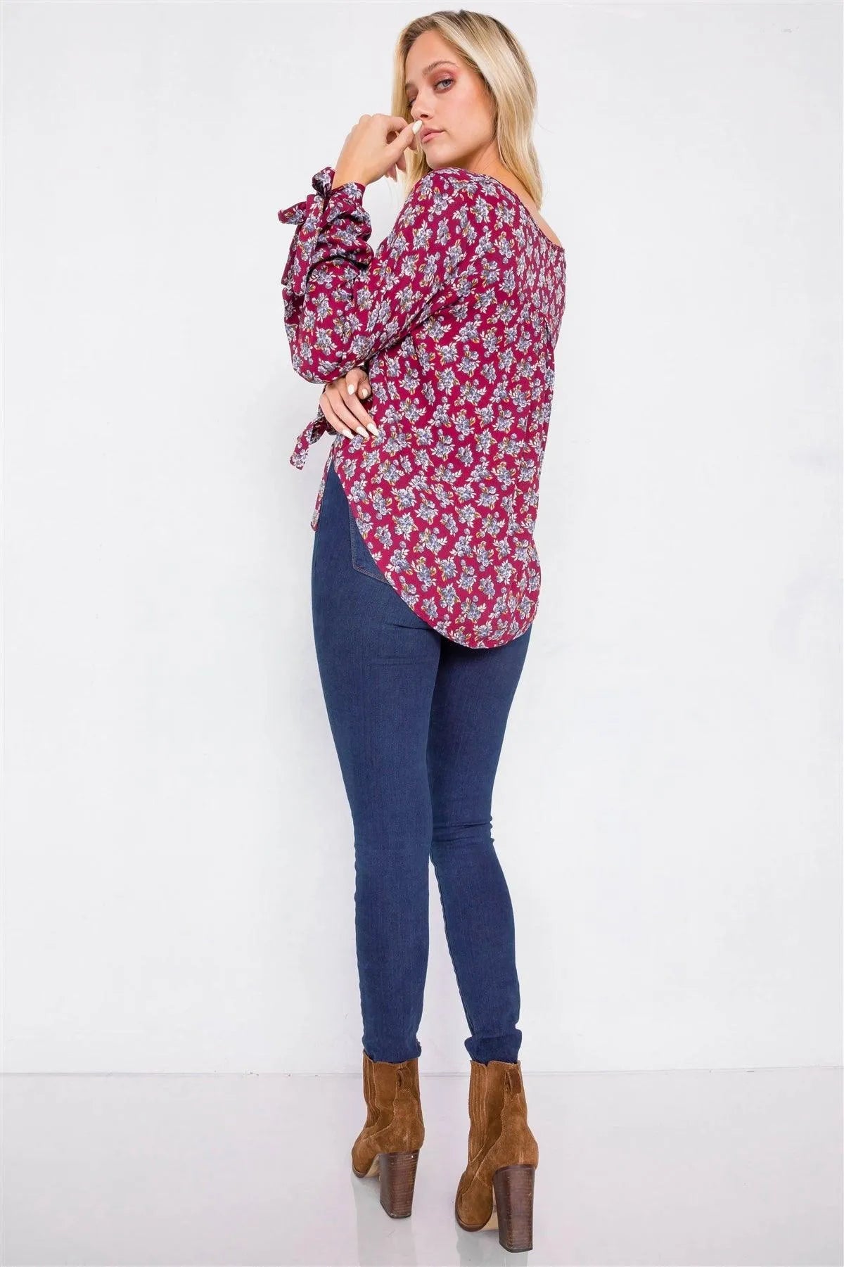 Burgundy High-Low Center Tie Scoop Neck Blouse /3-2-1 - Tasha Apparel Wholesale