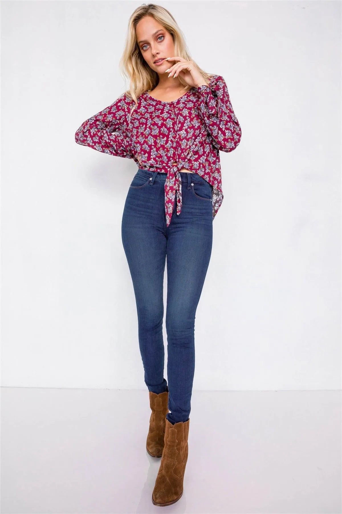 Burgundy High-Low Center Tie Scoop Neck Blouse /3-2-1 - Tasha Apparel Wholesale