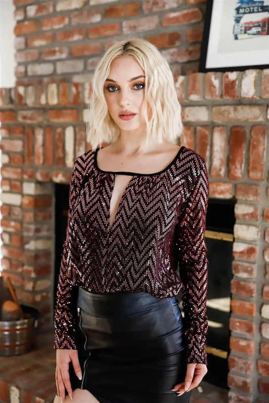 Sequin Print Front Cut-Out Ruched Sleeve Bodysuit /2-2-2 - Tasha Apparel Wholesale