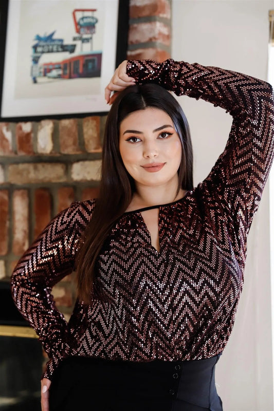 Plus Size Sequin Print Front Cut-Out Ruched Sleeve Bodysuit - Tasha Apparel Wholesale