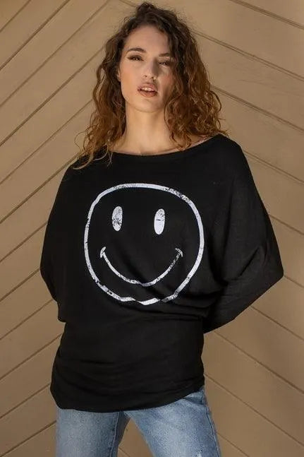 Black Smile Front Print Flannel Dolman Sleeve Top /2-2-2 - Tasha Apparel Wholesale
