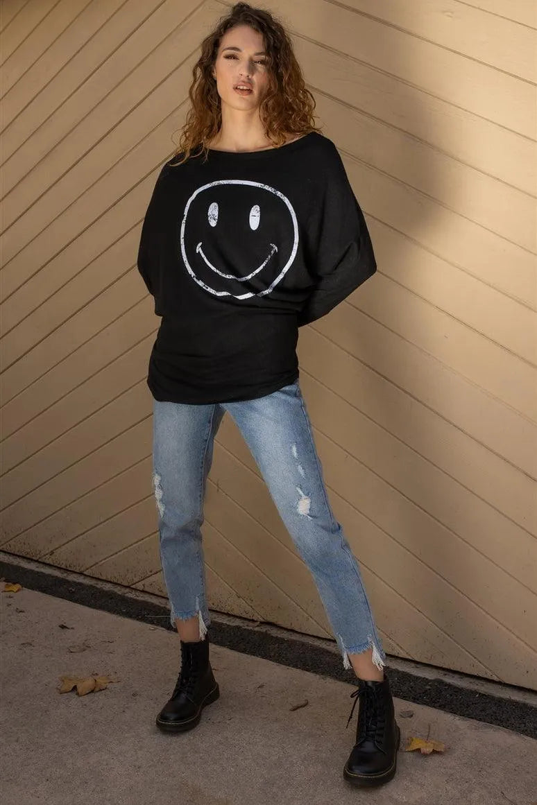Black Smile Front Print Flannel Dolman Sleeve Top /2-2-2 - Tasha Apparel Wholesale