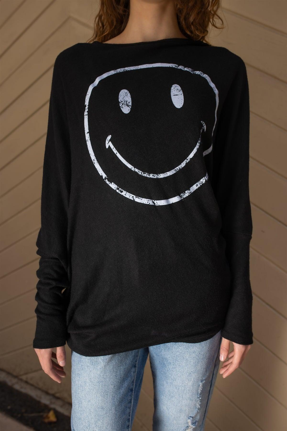 Black Smile Front Print Flannel Dolman Sleeve Top /2-2-2