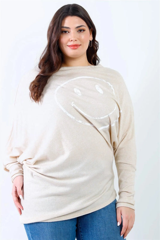 Plus Size Smile Print Flannel Dolman Sleeve Top /2-2-2 - Tasha Apparel Wholesale