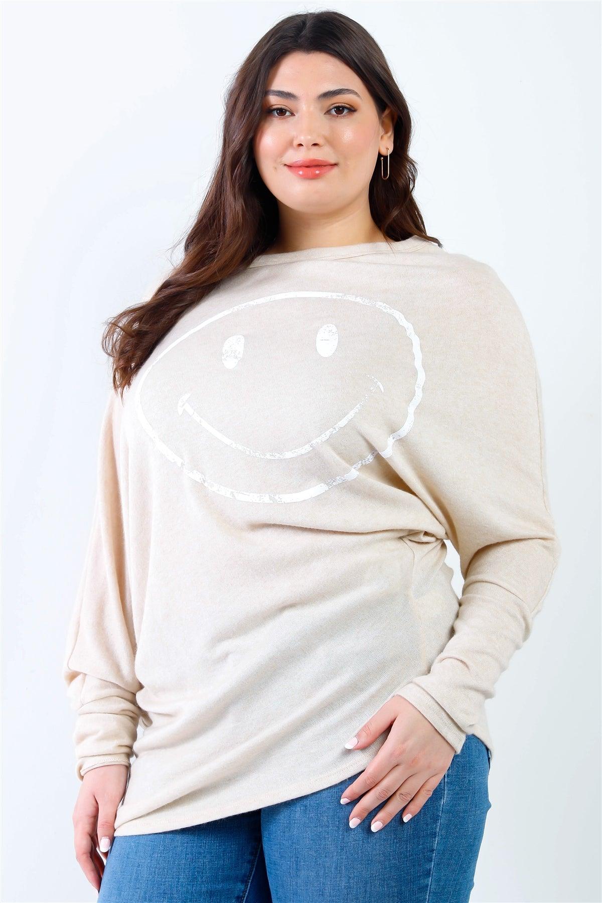 Junior Plus Beige Smile Front Print Flannel Dolman Sleeve Top /2-2-2