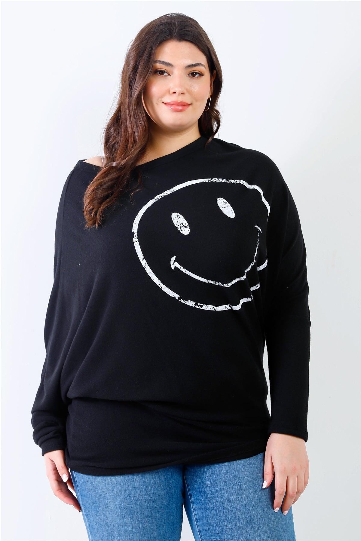 Junior Plus Black Smile Front Print Flannel Dolman Sleeve Top /2-2-2