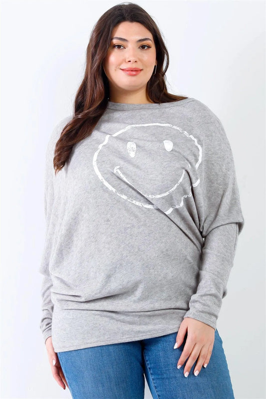 Junior Plus Grey Smile Front Print Flannel Dolman Sleeve Top /2-2-2 - Tasha Apparel Wholesale