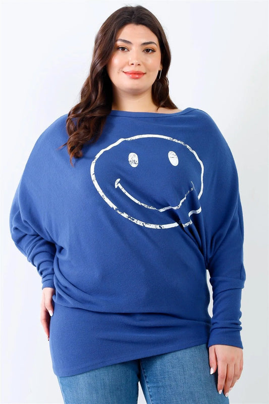 Junior Plus Teal Smile Front Print Flannel Dolman Sleeve Top /2-2-2 - Tasha Apparel Wholesale