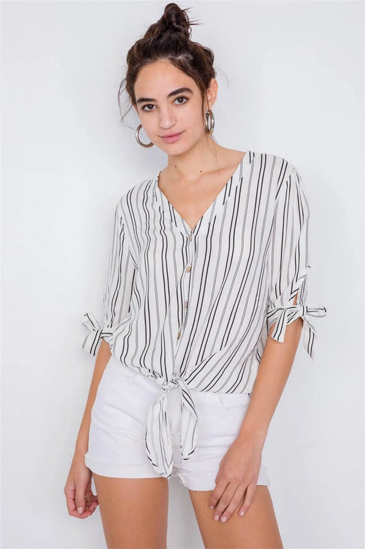 Black & White Stripe 3/4 Sleeve Tie Cuff Office Chic Blouse /3-2-1 - Tasha Apparel Wholesale