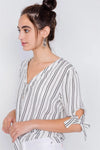 Black & White Stripe 3/4 Sleeve Tie Cuff Office Chic Blouse /3-1-2 - Tasha Apparel Wholesale