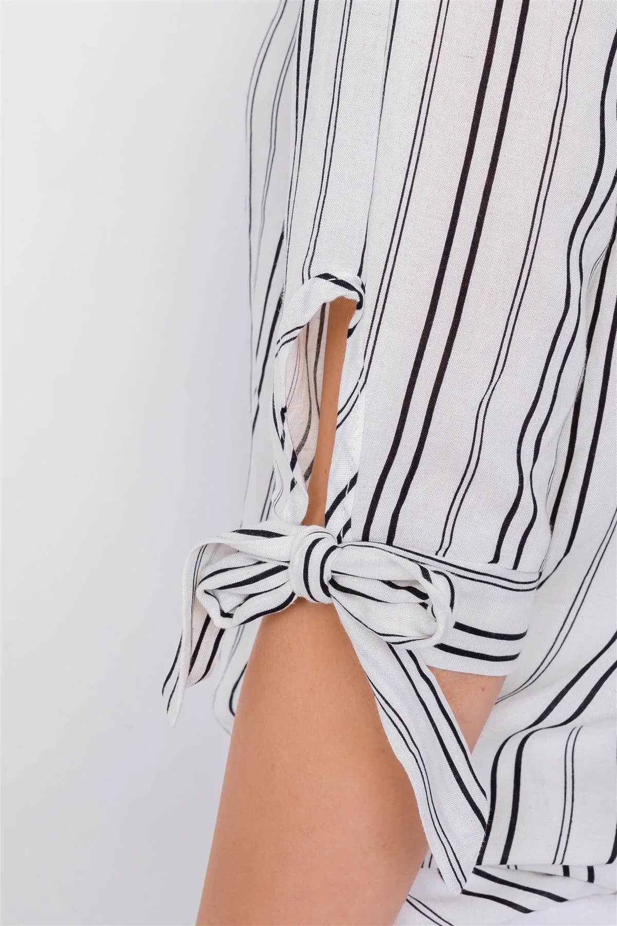 Black & White Stripe 3/4 Sleeve Tie Cuff Office Chic Blouse /3-1-2 - Tasha Apparel Wholesale