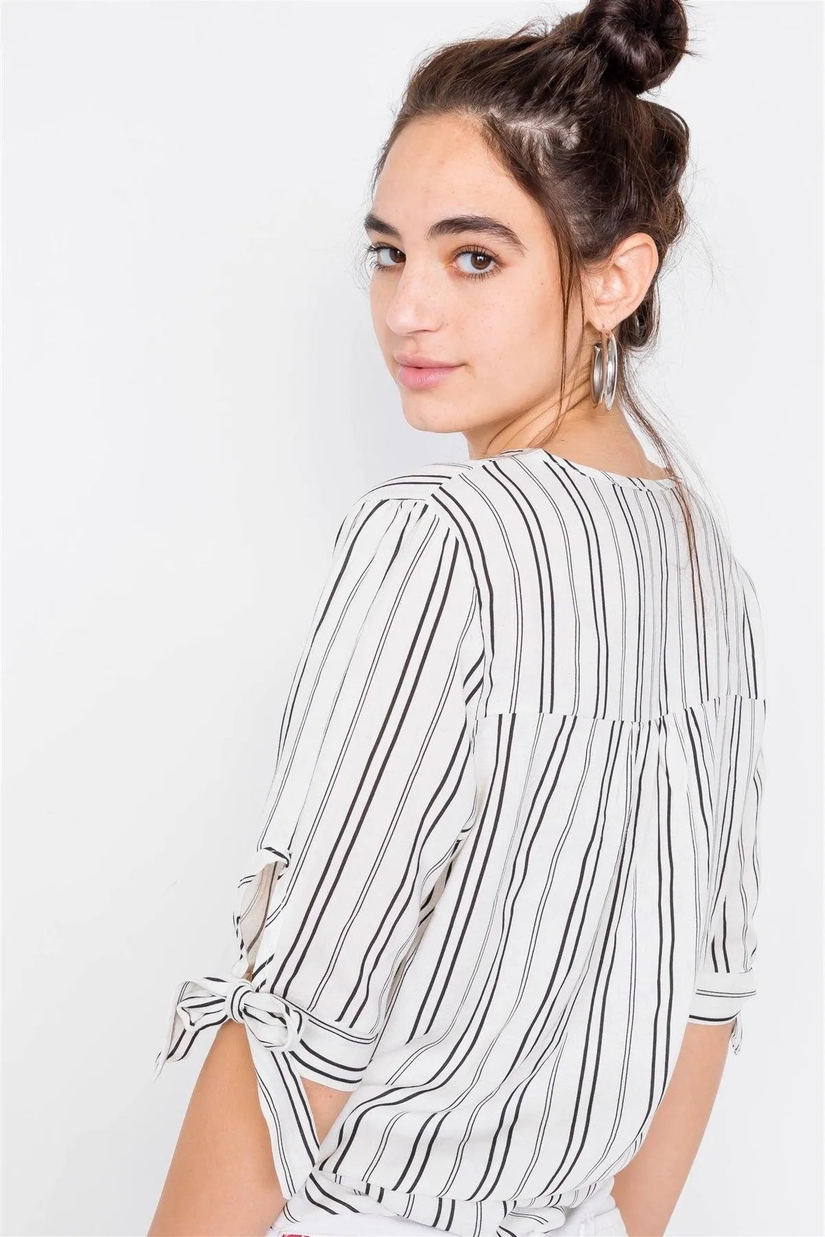 Black & White Stripe 3/4 Sleeve Tie Cuff Office Chic Blouse /3-1-2 - Tasha Apparel Wholesale