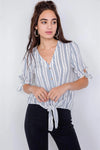 Navy & White Stripe 3/4 Sleeve Tie Cuff Office Chic Blouse /3-2-1 - Tasha Apparel Wholesale