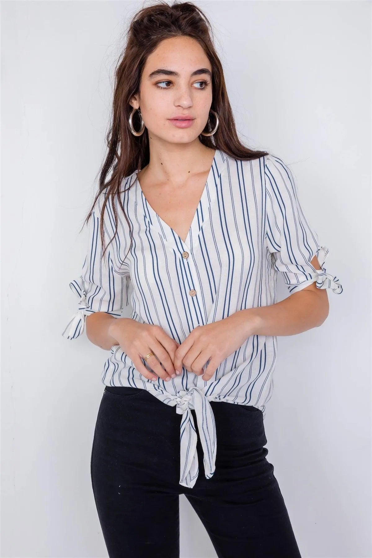Navy & White Stripe 3/4 Sleeve Tie Cuff Office Chic Blouse /3-2-1 - Tasha Apparel Wholesale
