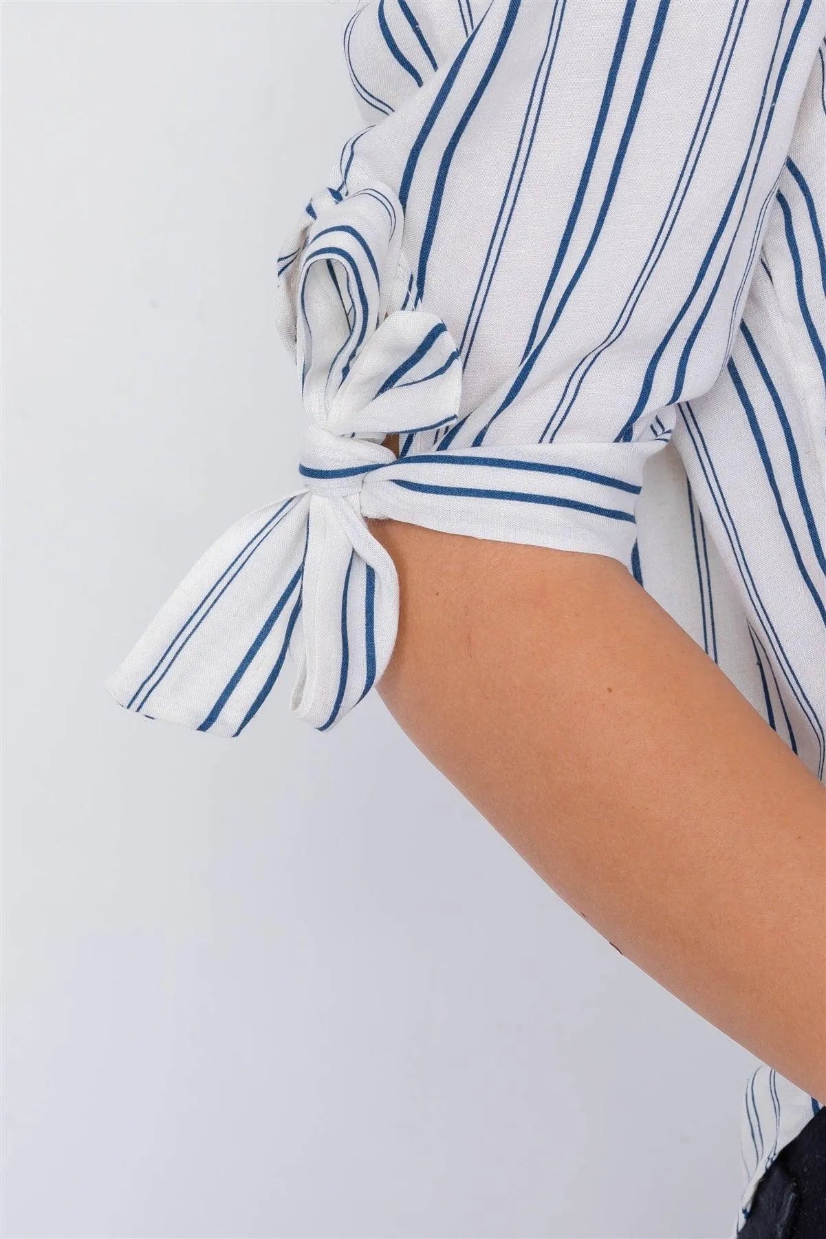 Navy & White Stripe 3/4 Sleeve Tie Cuff Office Chic Blouse /3-2-1 - Tasha Apparel Wholesale
