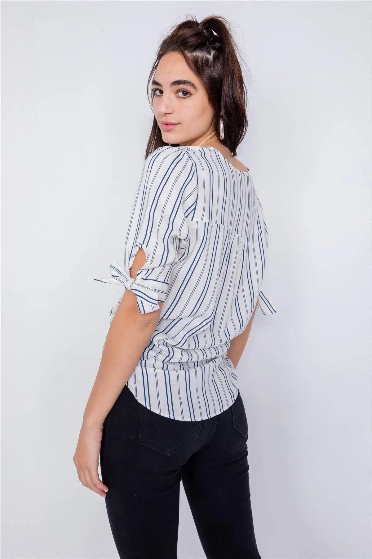 Navy & White Stripe 3/4 Sleeve Tie Cuff Office Chic Blouse /3-2-1 - Tasha Apparel Wholesale