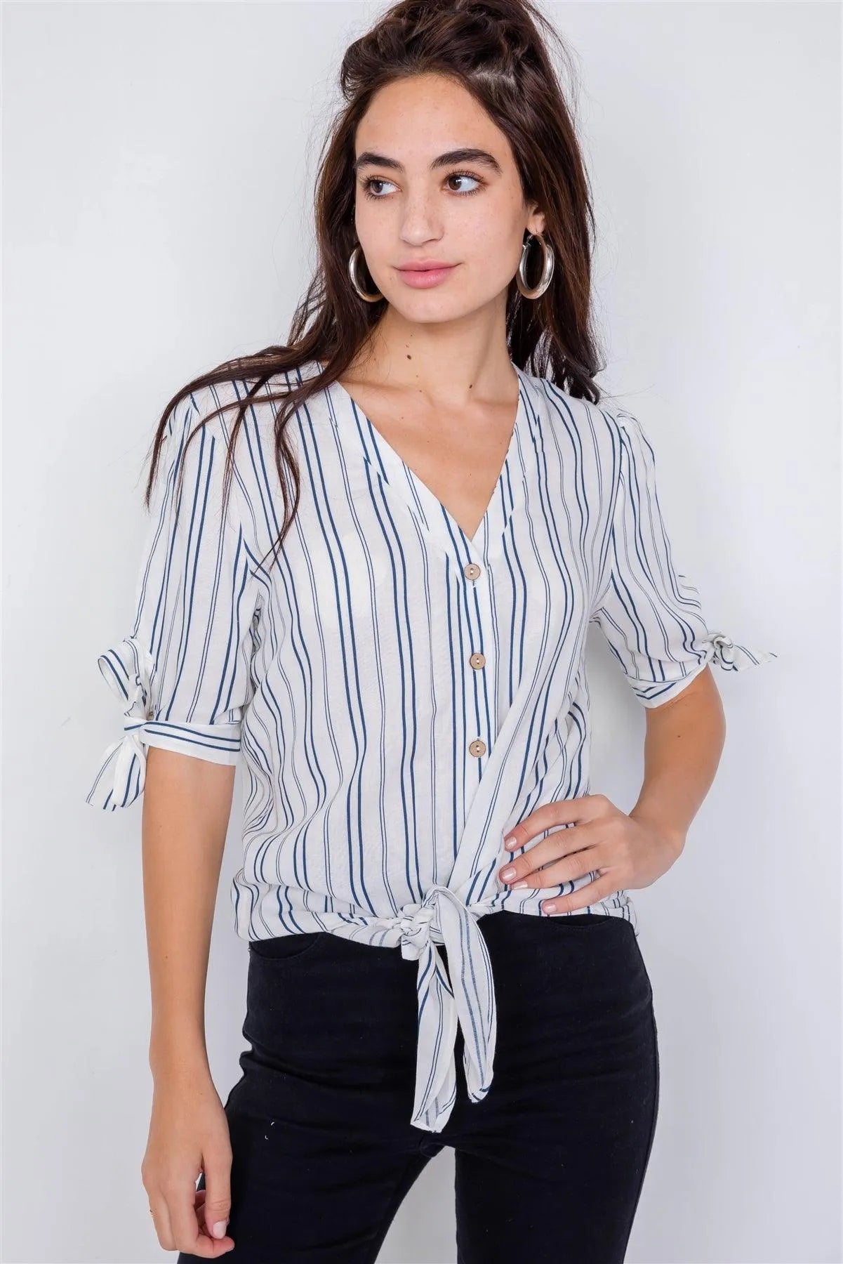 Navy & White Stripe 3/4 Sleeve Tie Cuff Office Chic Blouse /3-2-1 - Tasha Apparel Wholesale