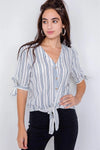 Navy & White Stripe 3/4 Sleeve Tie Cuff Office Chic Blouse /3-3 - Tasha Apparel Wholesale