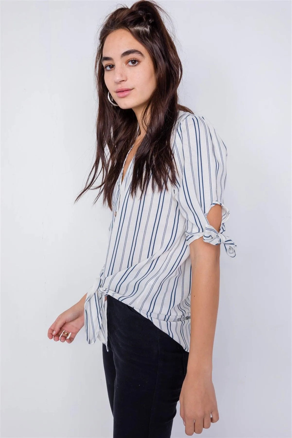 Navy & White Stripe 3/4 Sleeve Tie Cuff Office Chic Blouse /3-3 - Tasha Apparel Wholesale