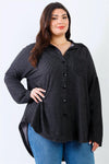 Junior Plus Black Ribbed Collared Button Up Shirt Top /2-2-2