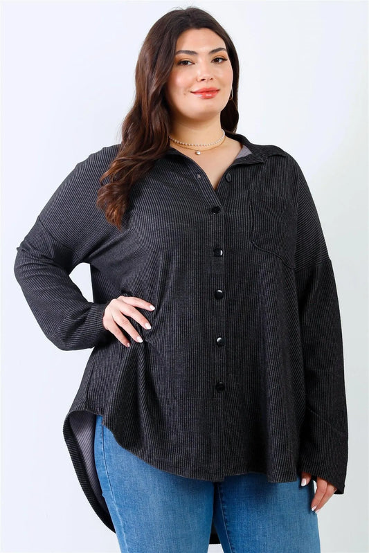 Junior Plus Black Ribbed Collared Button Up Shirt Top /2-2-2 - Tasha Apparel Wholesale