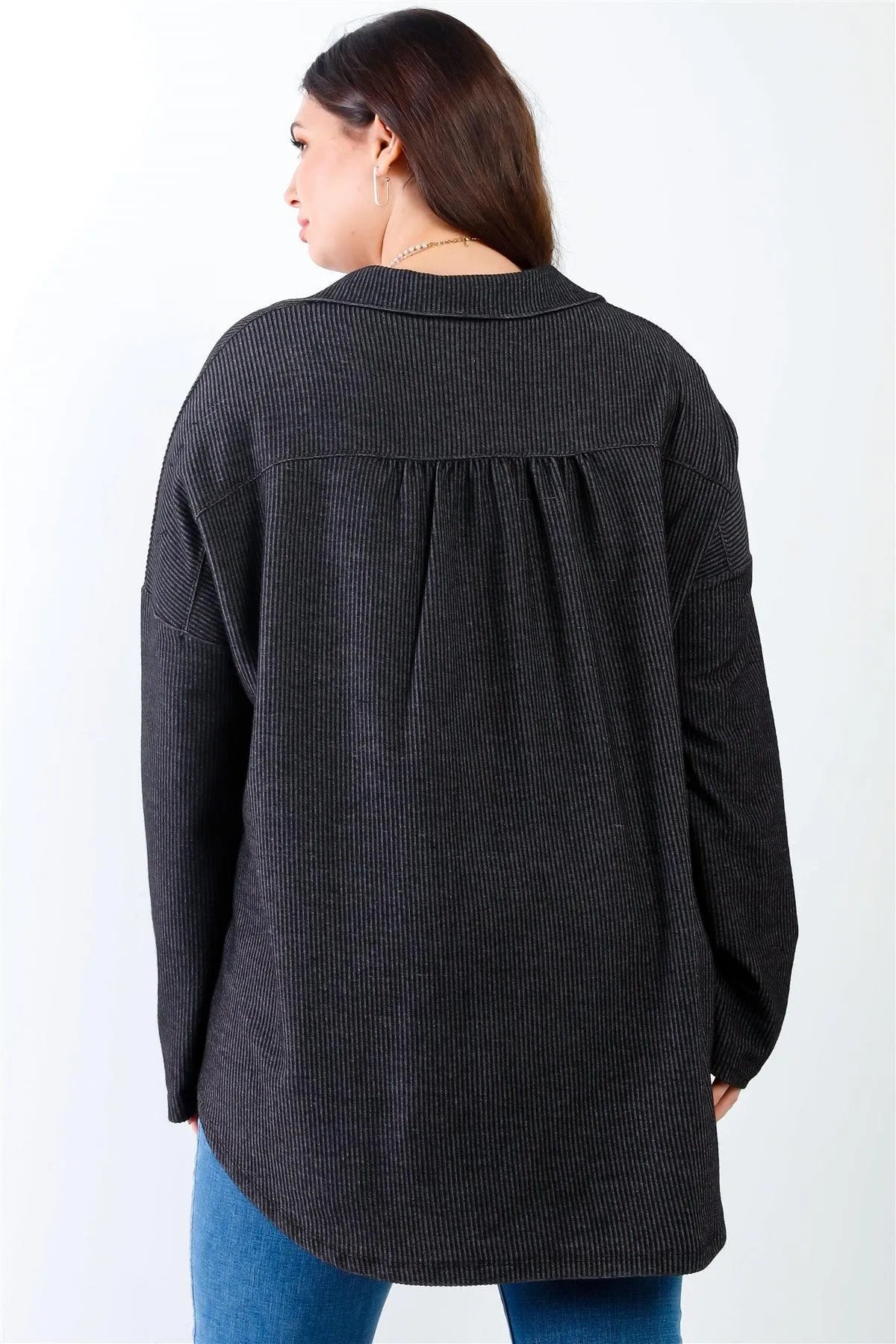 Junior Plus Black Ribbed Collared Button Up Shirt Top /2-2-2 - Tasha Apparel Wholesale