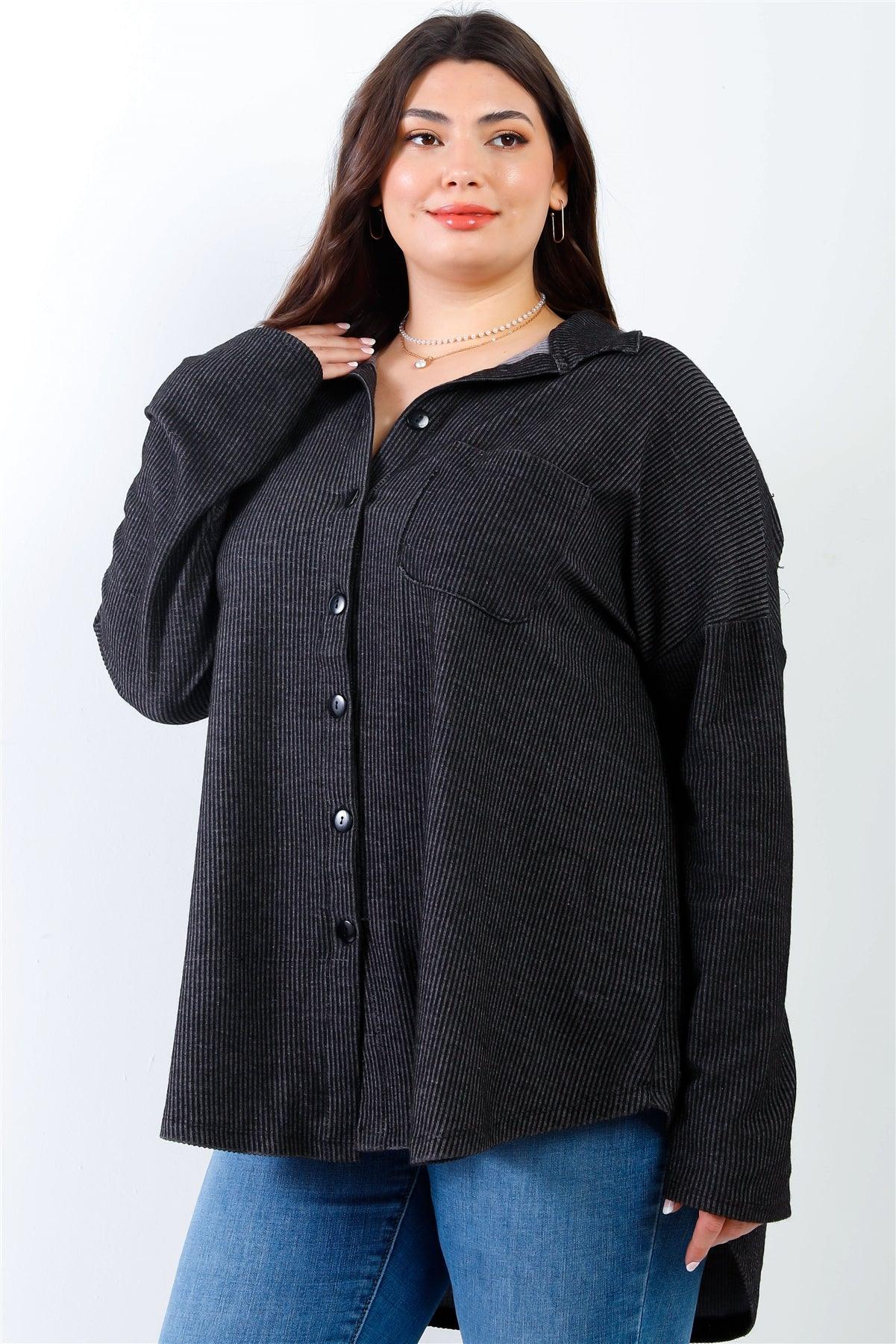Junior Plus Black Ribbed Collared Button Up Shirt Top /2-2-2