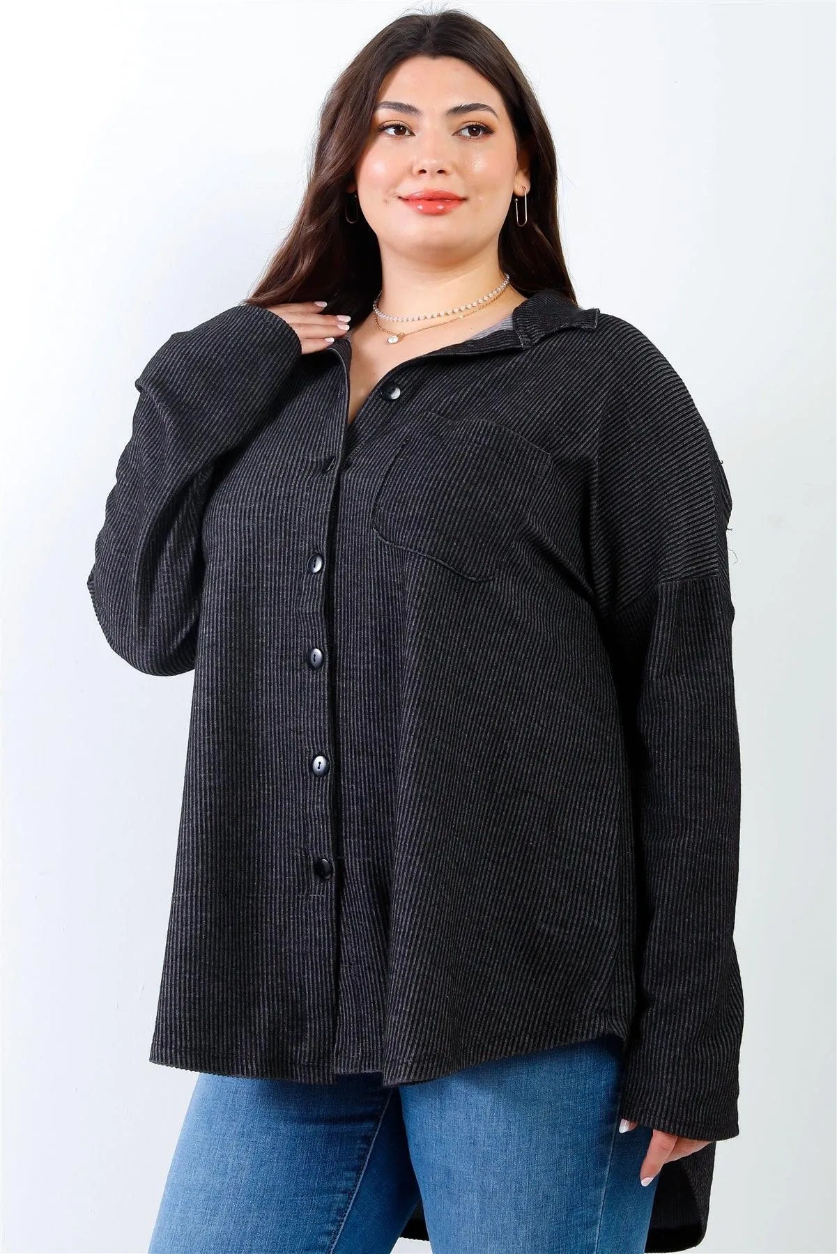 Junior Plus Black Ribbed Collared Button Up Shirt Top /2-2-2 - Tasha Apparel Wholesale