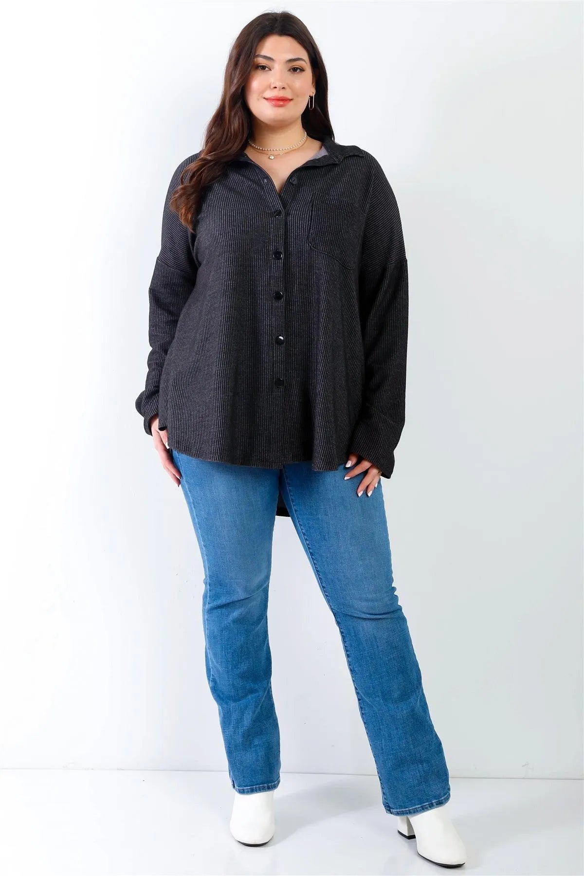 Junior Plus Black Ribbed Collared Button Up Shirt Top /2-2-2 - Tasha Apparel Wholesale