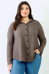 Junior Plus Mocha Ribbed Collared Button Up Shirt Top /2-2-2