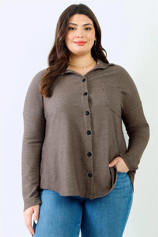 Junior Plus Mocha Ribbed Collared Button Up Shirt Top /2-2-2 - Tasha Apparel Wholesale