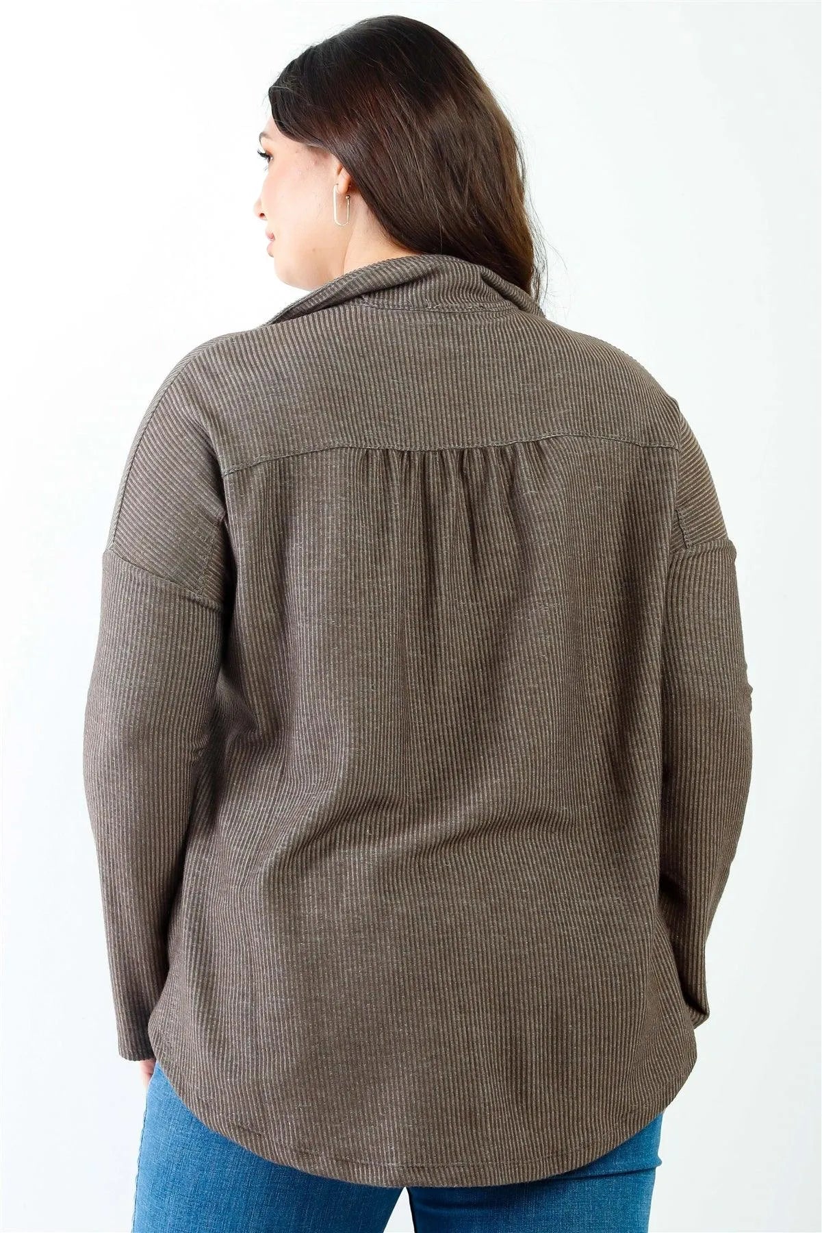 Junior Plus Mocha Ribbed Collared Button Up Shirt Top /2-2-2 - Tasha Apparel Wholesale