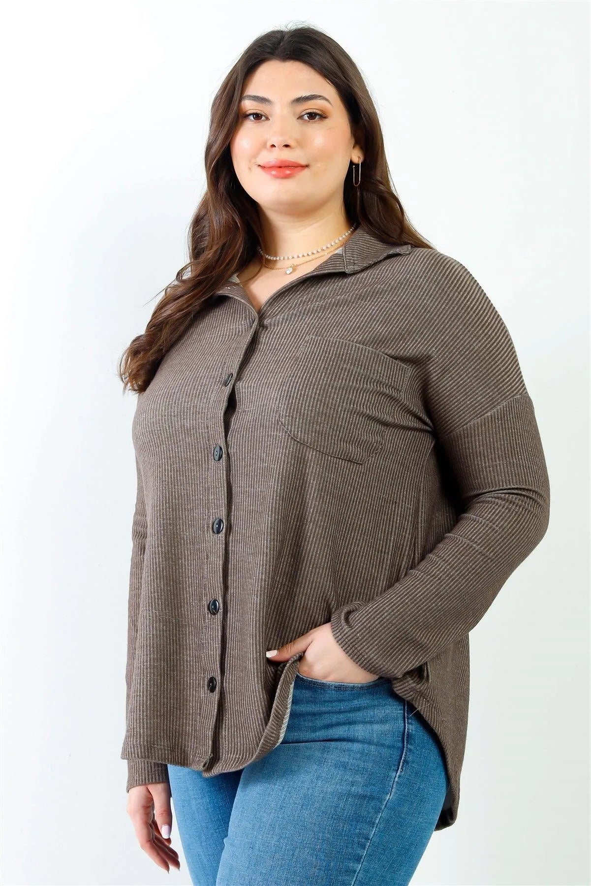 Junior Plus Mocha Ribbed Collared Button Up Shirt Top /2-2-2 - Tasha Apparel Wholesale