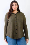 Junior Plus Olive Ribbed Collared Button Up Shirt Top /2-2-2 - Tasha Apparel Wholesale