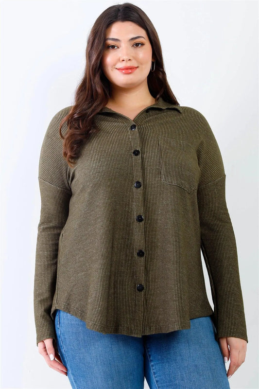 Junior Plus Olive Ribbed Collared Button Up Shirt Top /2-2-2 - Tasha Apparel Wholesale