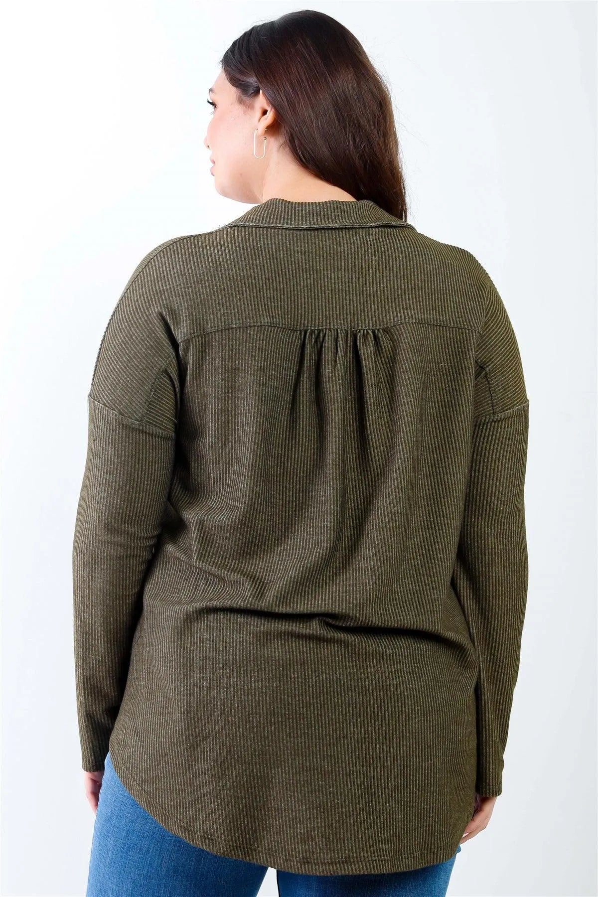 Junior Plus Olive Ribbed Collared Button Up Shirt Top /2-2-2 - Tasha Apparel Wholesale