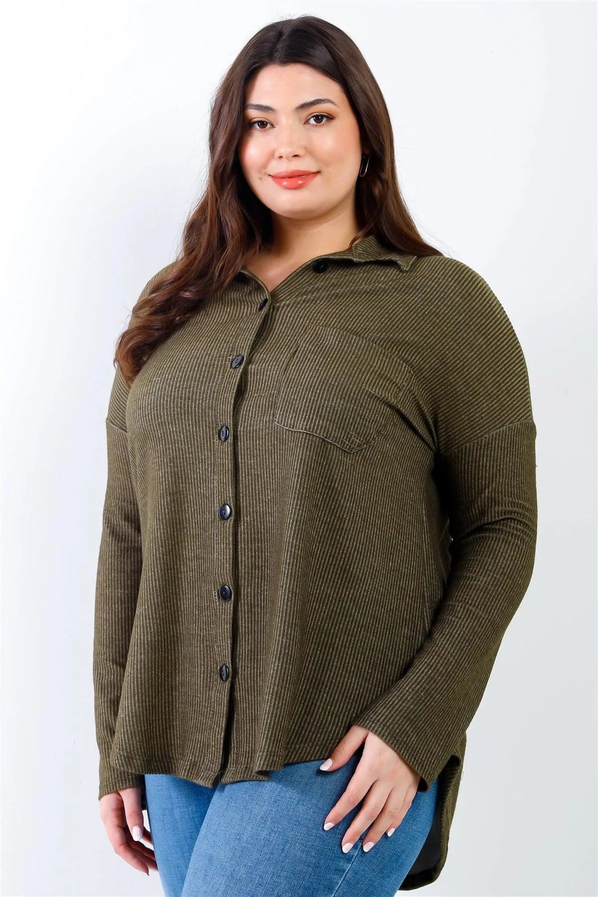 Junior Plus Olive Ribbed Collared Button Up Shirt Top /2-2-2 - Tasha Apparel Wholesale
