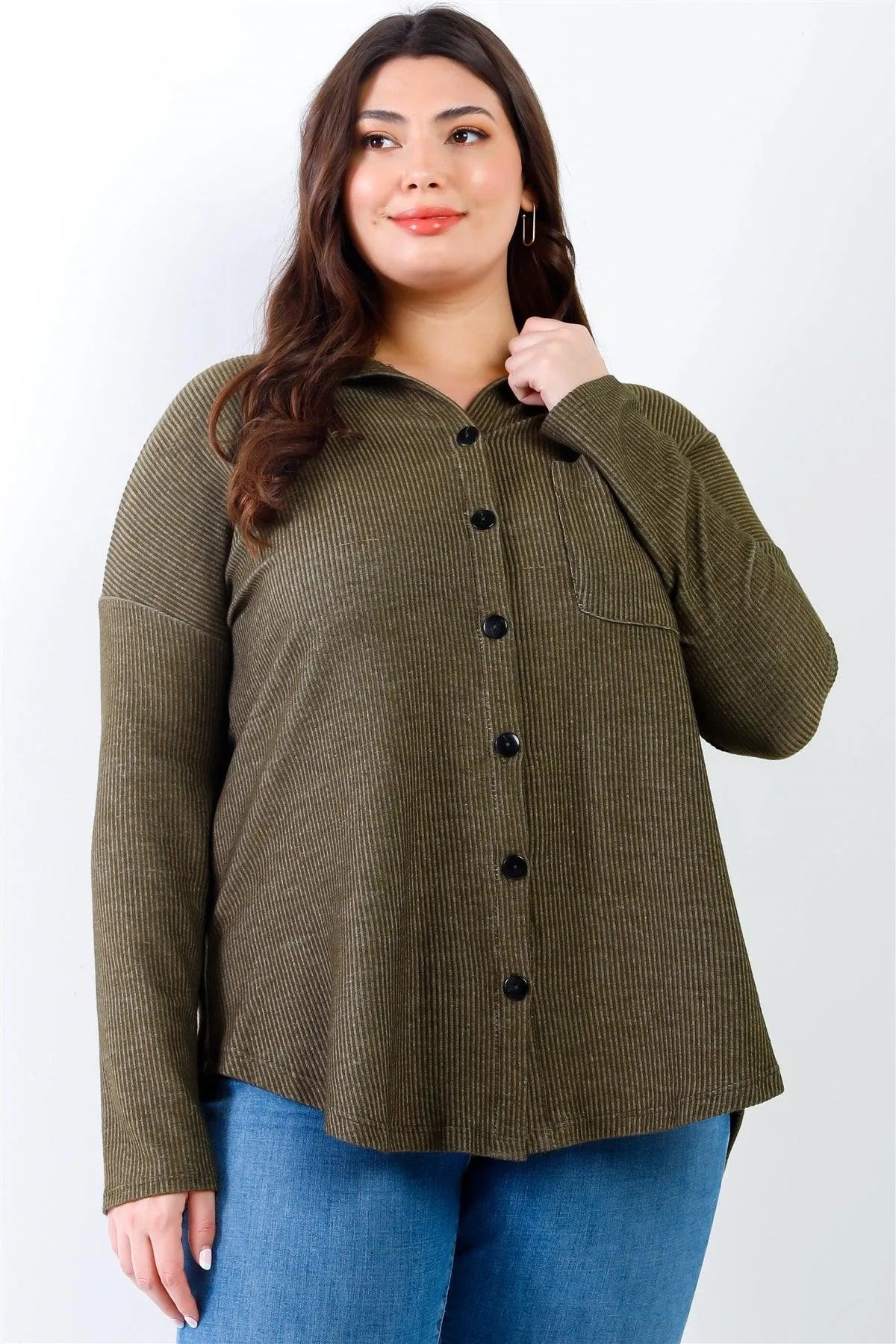Junior Plus Olive Ribbed Collared Button Up Shirt Top /2-2-2 - Tasha Apparel Wholesale
