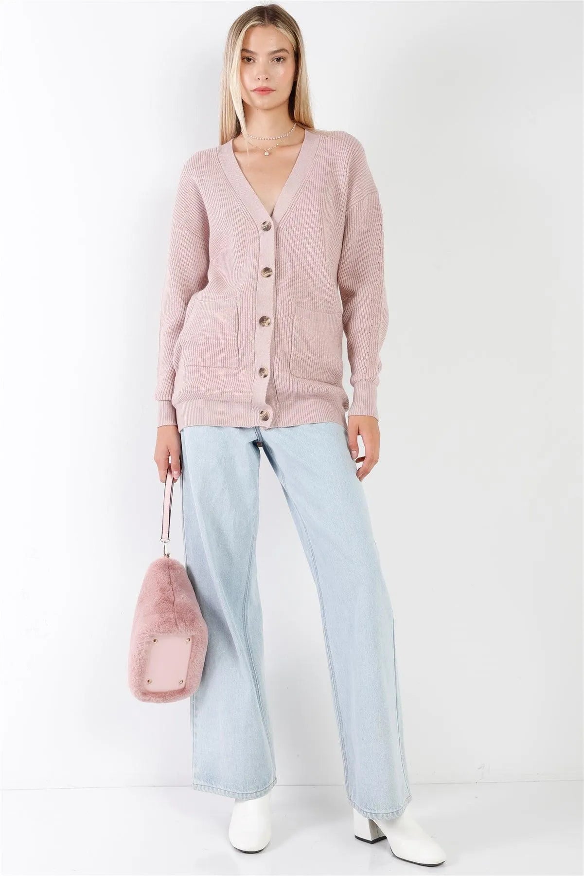 Mauve Knit Oversized V-Neck Long Sleeve Front Pockets Buttoned Front Long Cardigan /3-2-1 - Tasha Apparel Wholesale