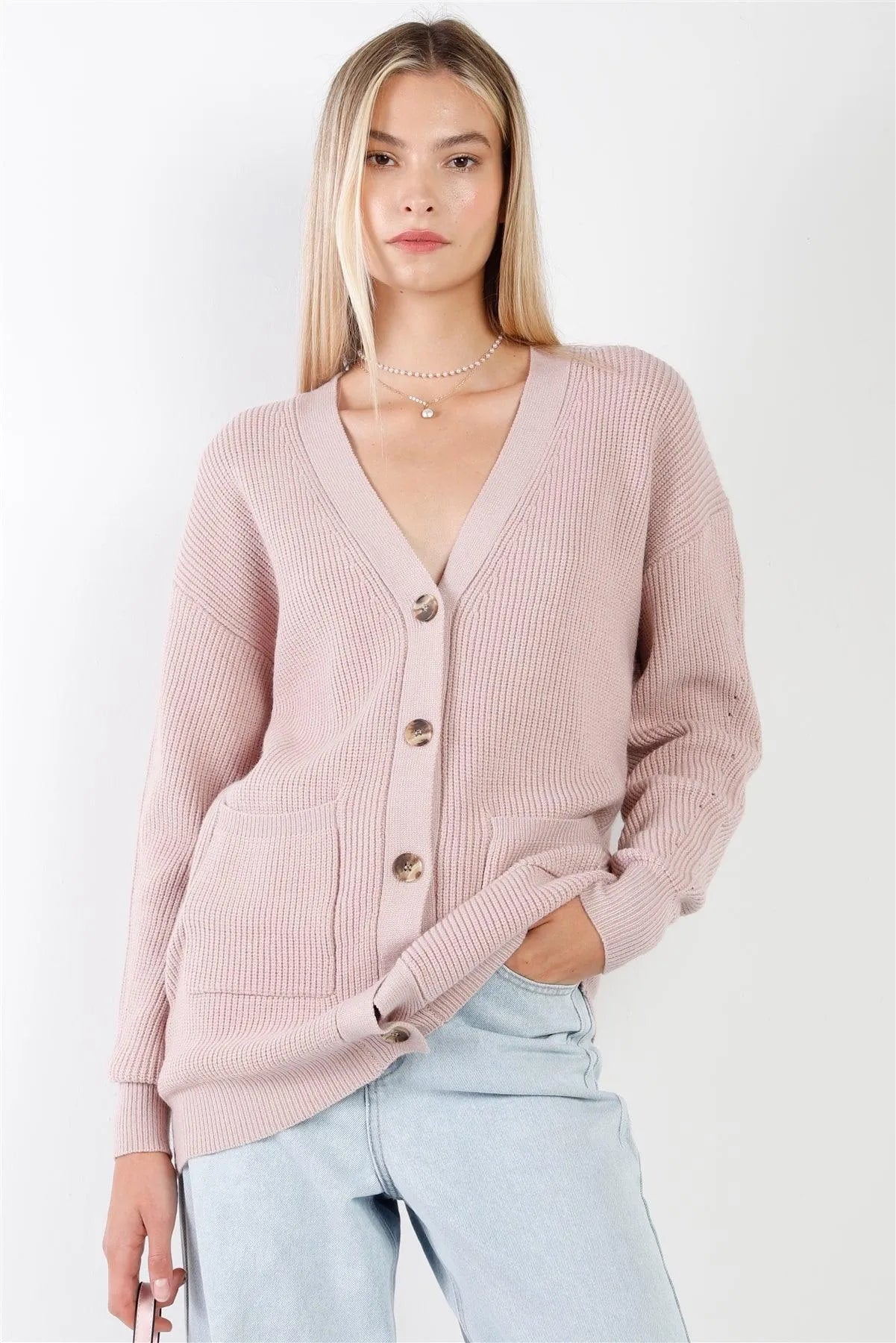 Mauve Knit Oversized V-Neck Long Sleeve Front Pockets Buttoned Front Long Cardigan /3-2-1 - Tasha Apparel Wholesale