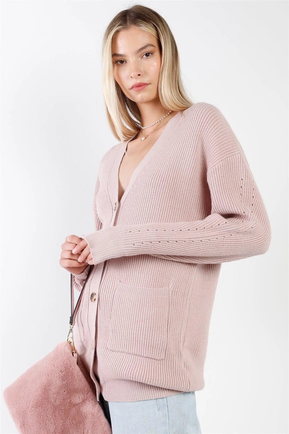 Mauve Knit Oversized V-Neck Long Sleeve Front Pockets Buttoned Front Long Cardigan /3-2-1 - Tasha Apparel Wholesale