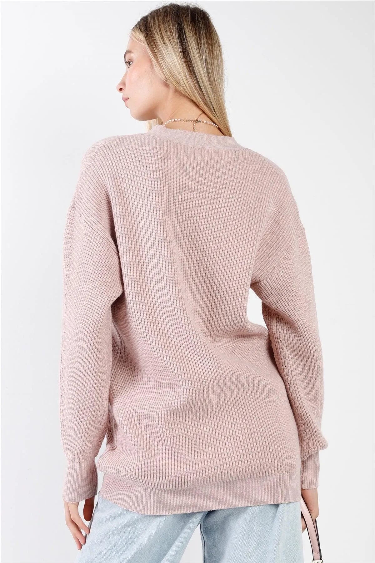 Mauve Knit Oversized V-Neck Long Sleeve Front Pockets Buttoned Front Long Cardigan /3-2-1 - Tasha Apparel Wholesale