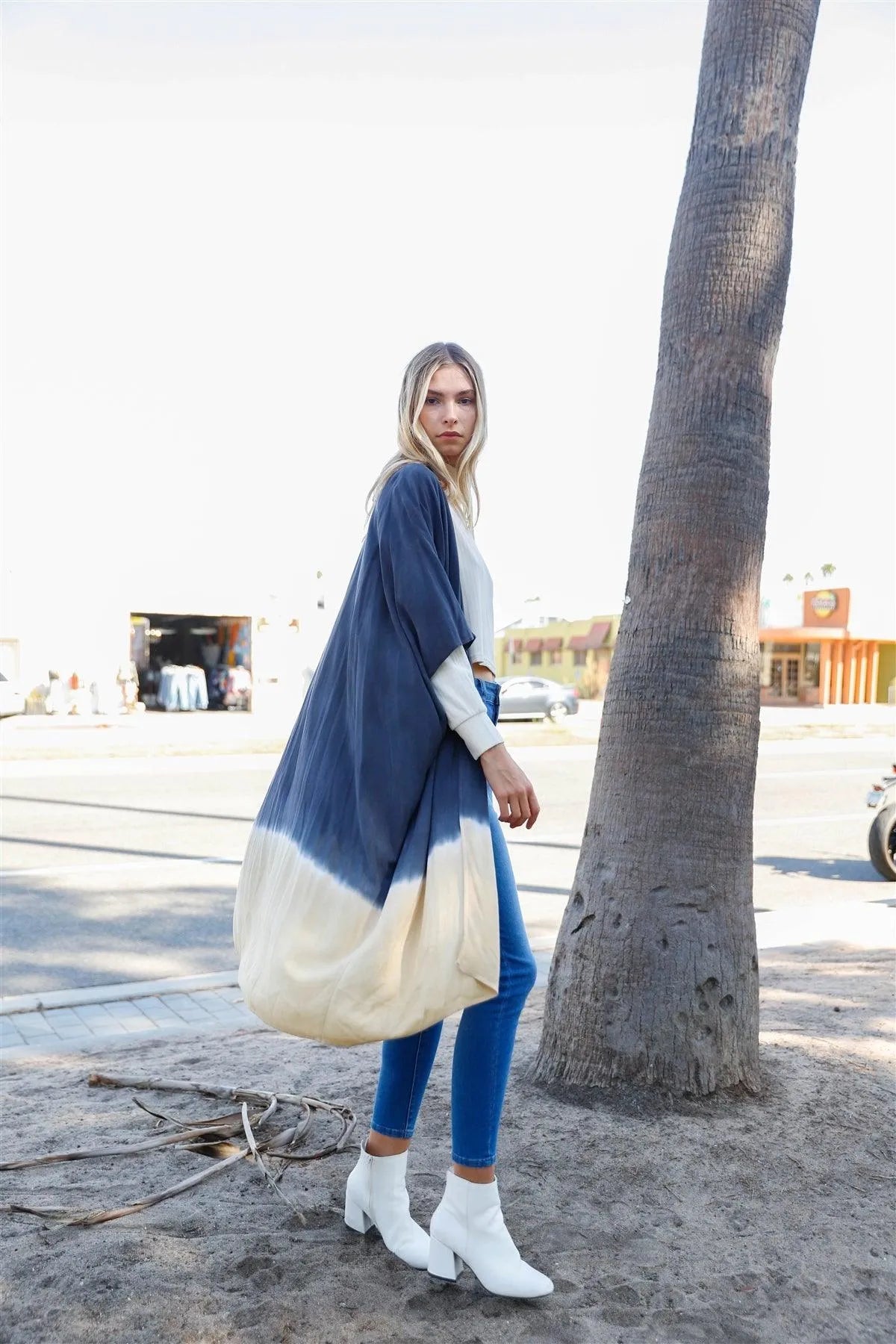 Navy & Cream Tie-Dye Gradient Open Front Oversized Midi Kimono/Cover Up - Tasha Apparel Wholesale