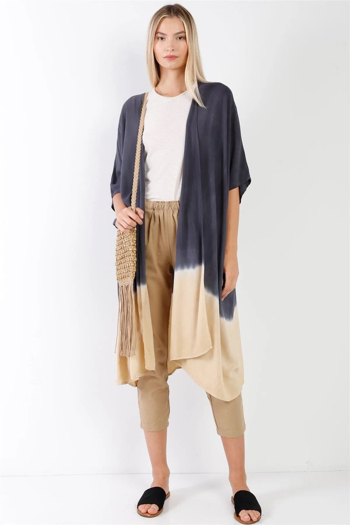 Navy & Cream Tie-Dye Gradient Open Front Oversized Midi Kimono/Cover Up - Tasha Apparel Wholesale