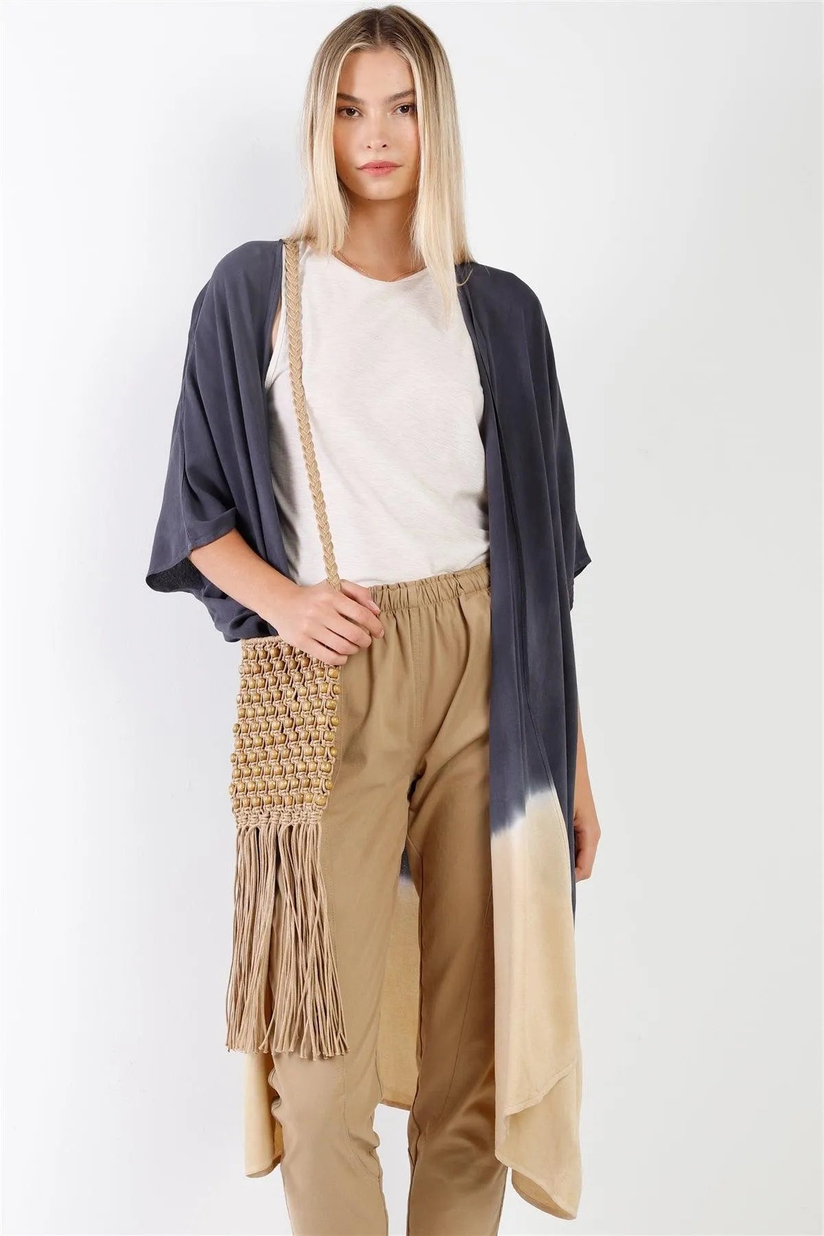 Navy & Cream Tie-Dye Gradient Open Front Oversized Midi Kimono/Cover Up - Tasha Apparel Wholesale